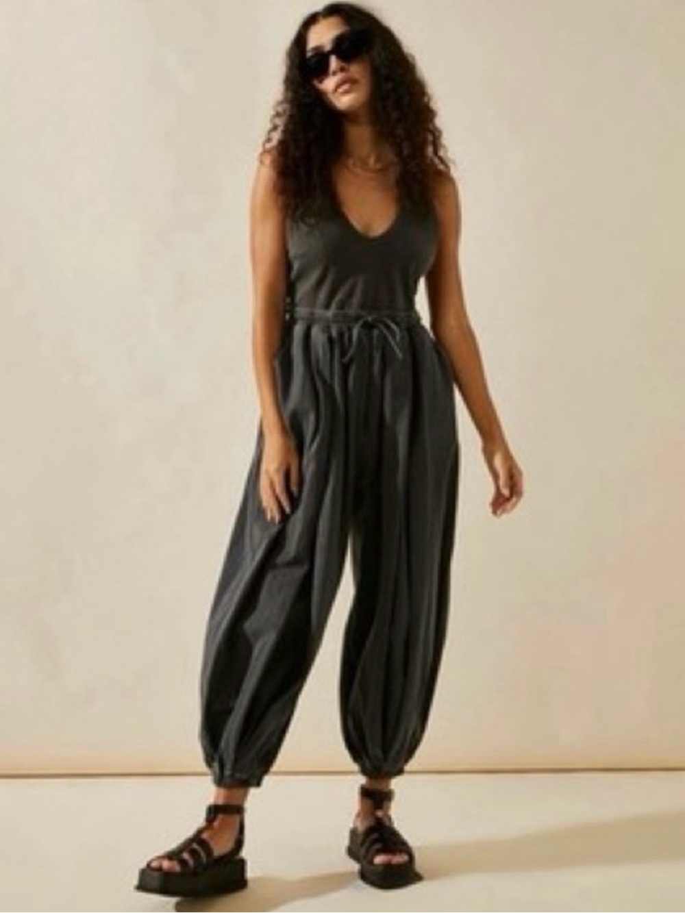 Free People Charcoal Gray Wide-Leg Balloon Jumpsuit